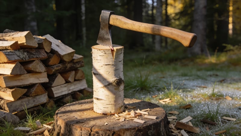 Eine Axt steckt in einem hellen Birkenklotz auf einem alten Baumstumpf, im Hintergrund liegt gestapeltes Brennholz im Wald.