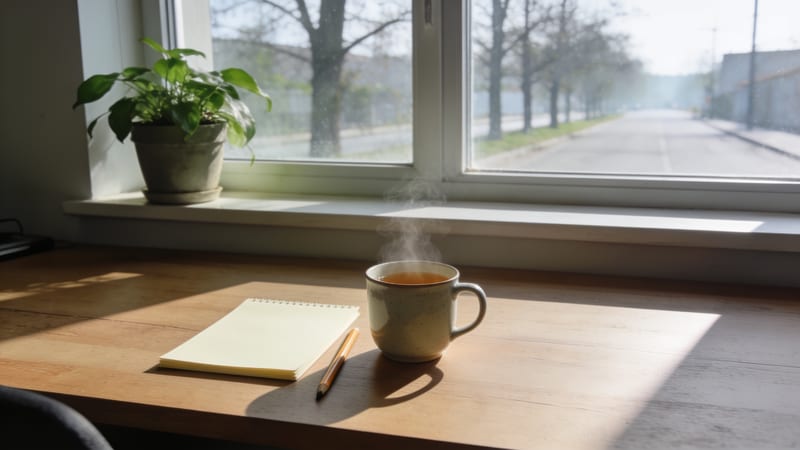 Dampfende Teetasse, gelber Notizblock und Bleistift auf einem Holztisch im Sonnenlicht, auf der Fensterbank eine Zimmerpflanze.