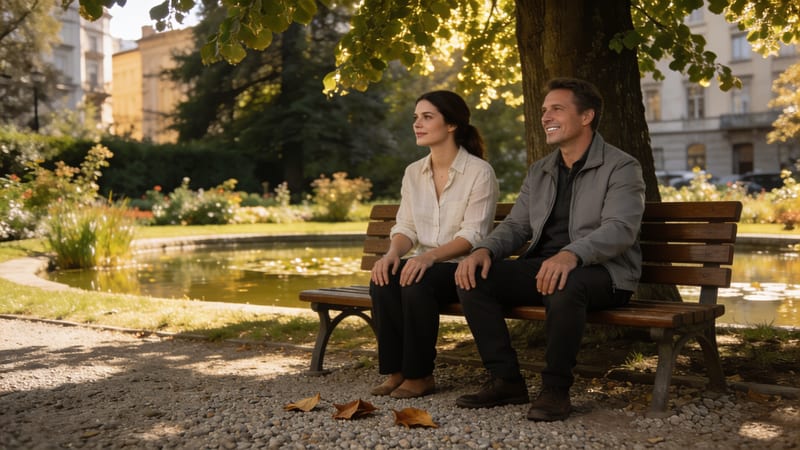 Eine Frau und ein Mann sitzen auf einer Holzbank im Park neben einem Teich mit Seerosen, unter einem Baum im warmen Sonnenlicht.