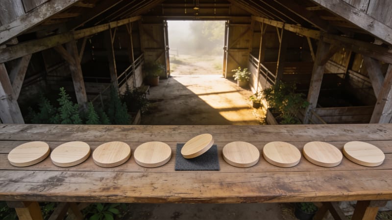 Neun runde Holzscheiben liegen in einer Reihe auf einem rustikalen Holztisch in einer Scheune, eine davon steht schräg auf einer dunklen.