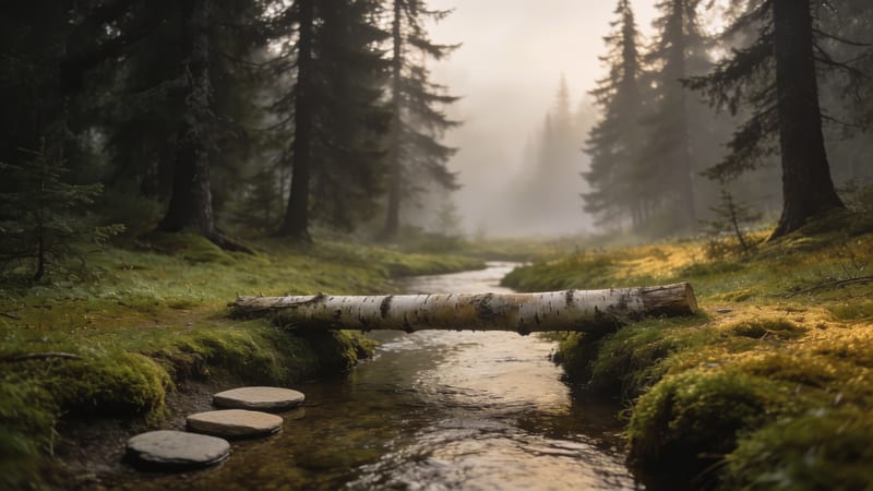 Ein heller Baumstamm liegt quer über einem schmalen Bachlauf in einem nebligen Nadelwald, daneben führen flache Steine über das Wasser.