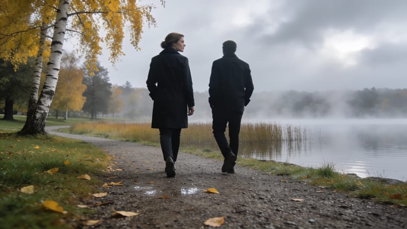 Zwei Menschen in dunklen Mänteln gehen von hinten auf einem Kiesweg entlang eines nebligen Sees im Herbst.