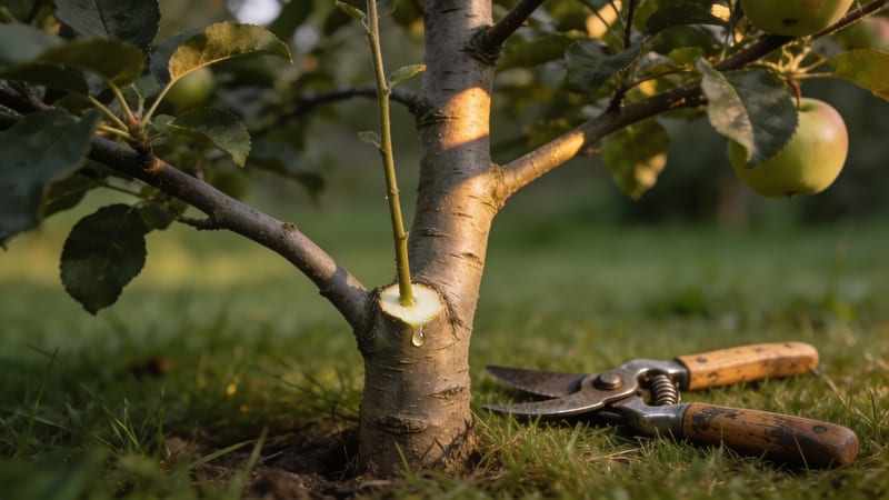 Ein Apfelbaumstamm mit einem abgeschnittenen Ast, aus dem klare Flüssigkeit tropft, daneben eine Gartenschere mit Holzgriffen im Gras, warmes.