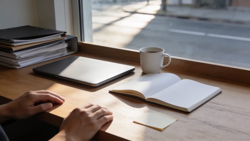 Zwei Hände auf der Tischkante vor zugeklapptem Laptop, Aktenstapel, leerem aufgeschlagenem Notizbuch, Haftzettel und weißer Tasse am Fenster.