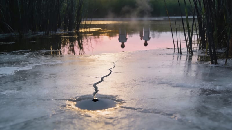 Dünnes Eis auf einem stillen Teich bei Sonnenaufgang, ein Riss führt zu einem dunklen Loch, im Wasser spiegeln sich Schilfhalme und rosafarbener.