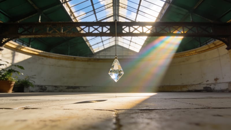Ein Glaskristall hängt an einem dünnen Faden unter einer alten Glasdecke in einer leeren Halle, Sonnenlicht erzeugt einen Regenbogen auf dem Boden.