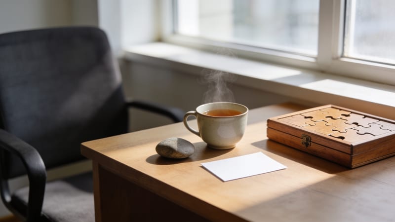 Ein Holztisch am Fenster mit einer dampfenden Teetasse, einem flachen Stein, einer leeren weißen Karte und einer Holzkiste mit Puzzle.