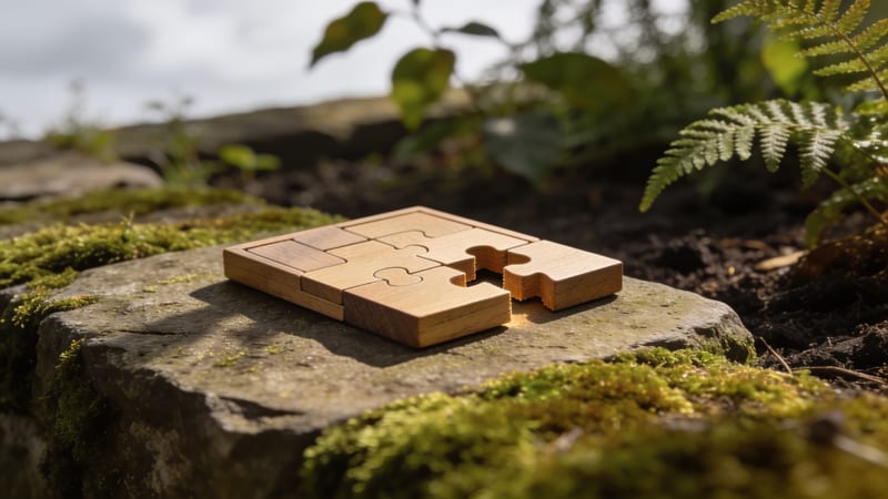 Ein Holzpuzzle mit mehreren Teilen liegt auf einem moosbewachsenen Steinblock, daneben wächst ein Farnwedel, der Boden ist dunkel und feucht.