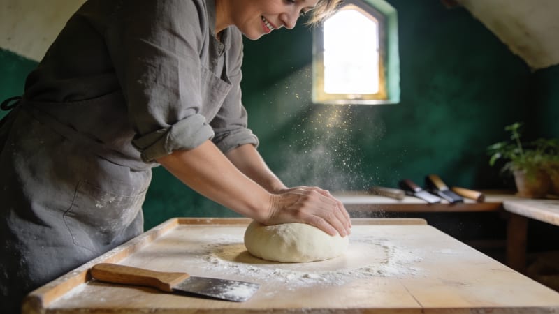 Eine Bäckerin knetet in einer grün gestrichenen Backstube einen hellen Teigballen auf einem bemehlten Holztisch, im Hintergrund fällt Licht durch ein.