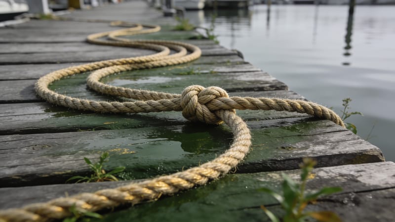 Ein dickes Seil aus Naturfaser liegt in geschwungenen Bögen auf einem alten, grau verwitterten Holzsteg, an dessen Ende ein Knoten sitzt.