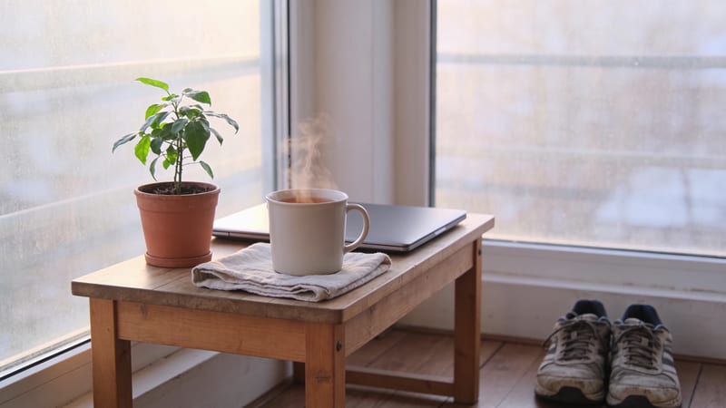 Dampfende Tasse auf einem Tuch, zugeklappter Laptop und Topfpflanze auf einem Holzhocker am Fenster; davor stehen getragene Laufschuhe.