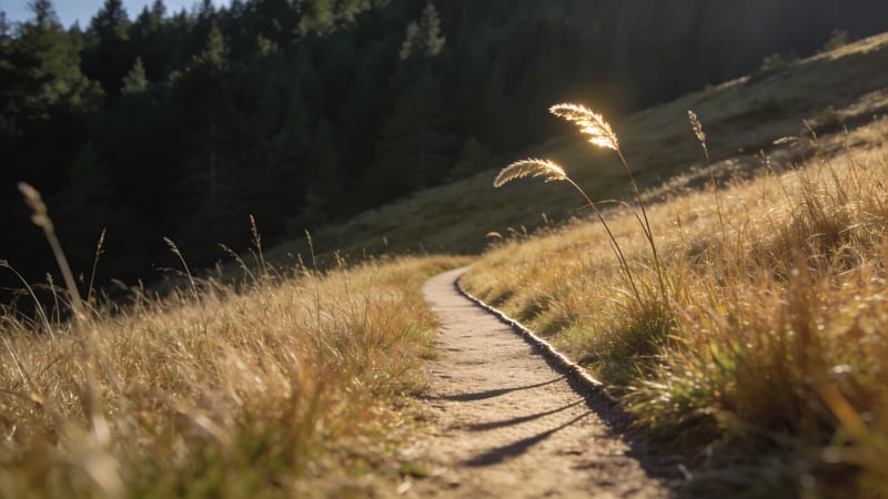 Ein schmaler Wanderweg schlängelt sich durch goldgelbes Gras an einem Hang, im Hintergrund dunkler Nadelwald im warmen Morgenlicht.