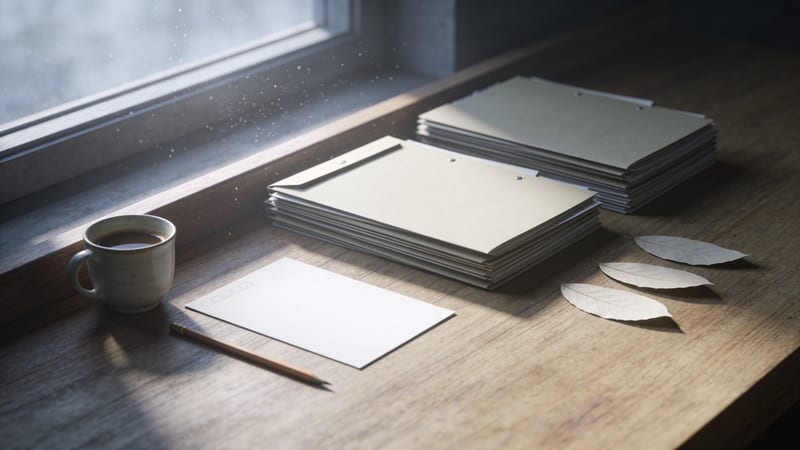 Auf einer Holzfensterbank liegen zwei Stapel beiger Umschläge, eine leere weiße Karte, ein Bleistift und drei Blätter neben einer Tasse.