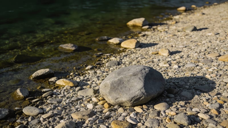 Ein großer grauer Felsbrocken liegt auf einem Kiesstrand neben klarem, grünlichem Wasser im warmen Sonnenlicht.
