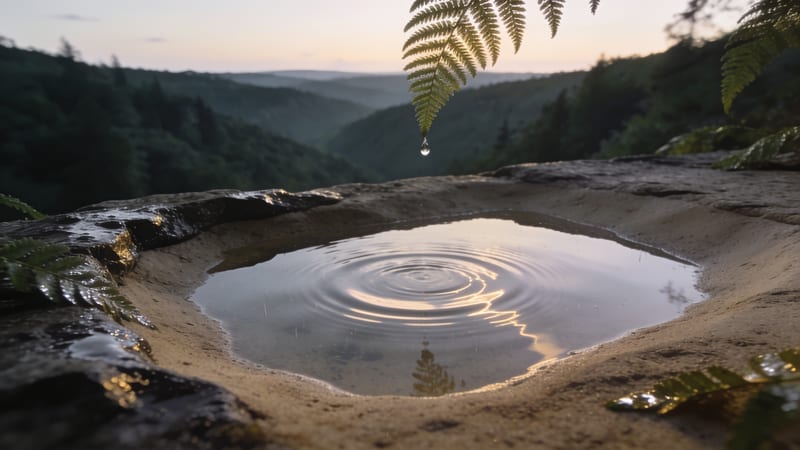 Ein Wassertropfen fällt von einem Farnblatt in eine flache Felsmulde, deren Wasser konzentrische Kreise zeigt.