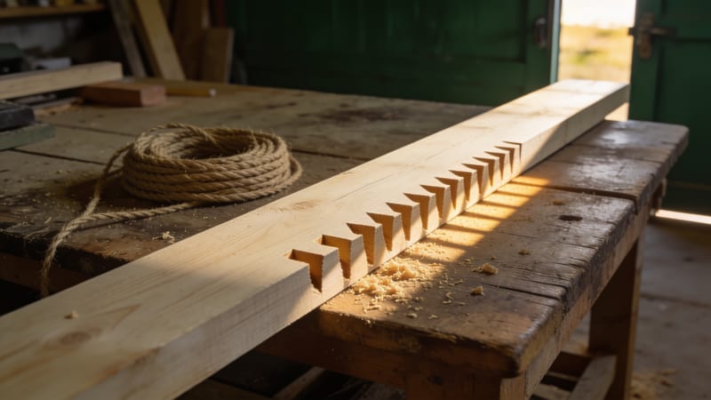 Eine helle Holzlatte liegt auf einer alten Werkbank und zeigt eine Reihe gleichmäßiger Zinkenausschnitte an der Kante.